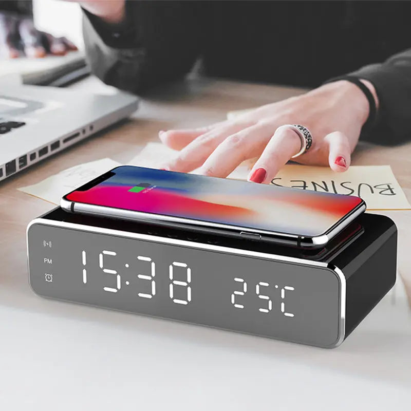 LED Electric Alarm Clock With Wireless Charger Desktop Digital Despertador Thermometer Clock HD Mirror Clock Watch Table Decor Gadget Shack