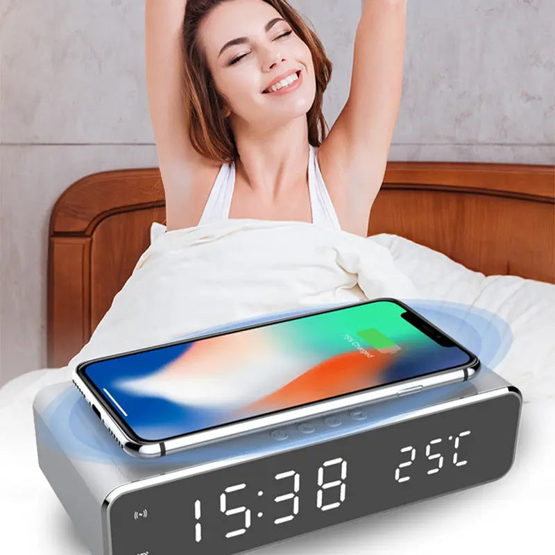 LED Electric Alarm Clock With Wireless Charger Desktop Digital Despertador Thermometer Clock HD Mirror Clock Watch Table Decor Gadget Shack